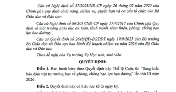 Quyết định số 317 /QĐ-BGDĐT ngày 06/02/2026 của Bộ GD&ĐT về việc ban hành Thể lệ Cuộc thi “Sáng kiến bảo đảm trật tự trường học về phòng, chống bạo lực học đường” lần thứ III năm 2026